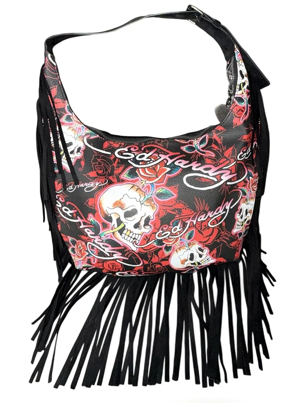 Ed Hardy Black, Red & White Skull Rose Fringe Shoulder Bag